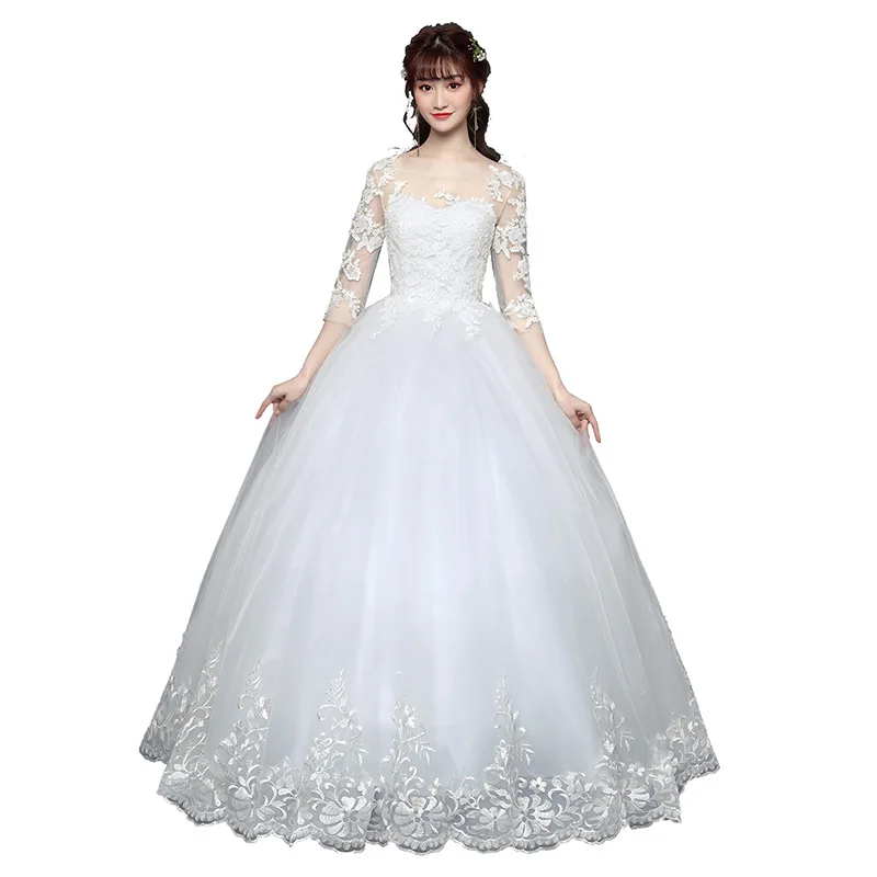 

2021 Elegant O-neck Wedding Dress Lace Embroidery Wedding Gowns Vestido De Noiva Three Quarter Sleeve Plus Size Bride Dress