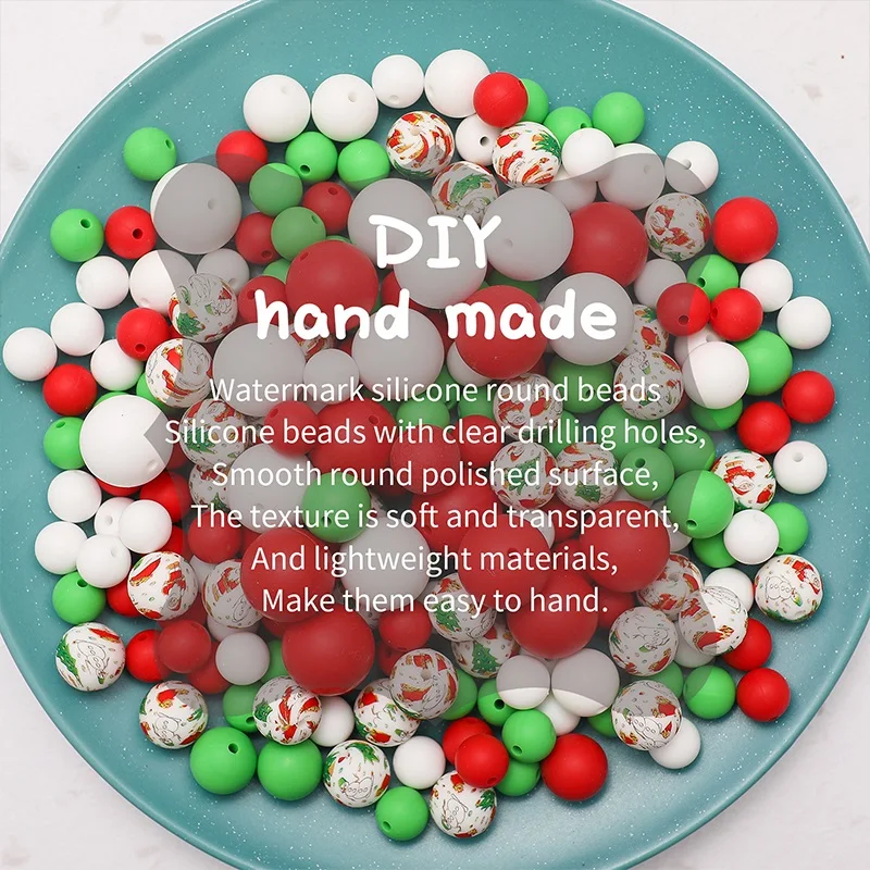200pcs  Christmas Print Beads Baby Silicone Beads For Pacifier Clip Diy Necklace Accessories Food Grade Bead Teething Baby Goods