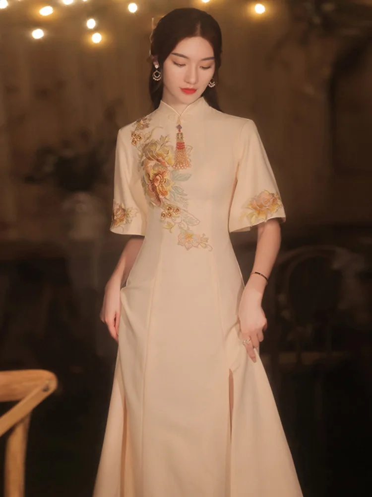 Bridesmaid Dress Chinese Cheongsam Retro Elegant Autumn and Winter Champagne Daily Style | Дом и сад