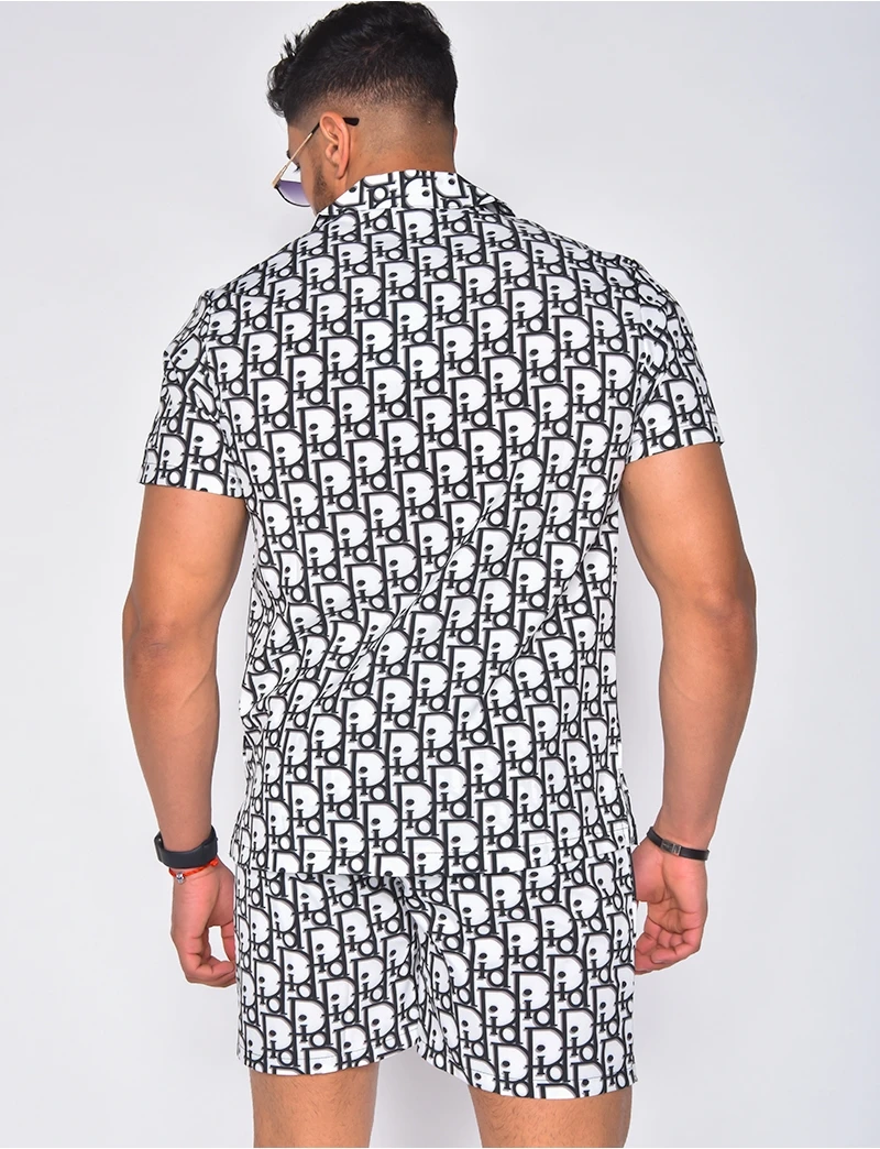 

2021 New Men Hawaiian Suits Summer Men's Printed Letter Short-Sleeved Button Shirt + Beach Shorts National Style Two-Piece