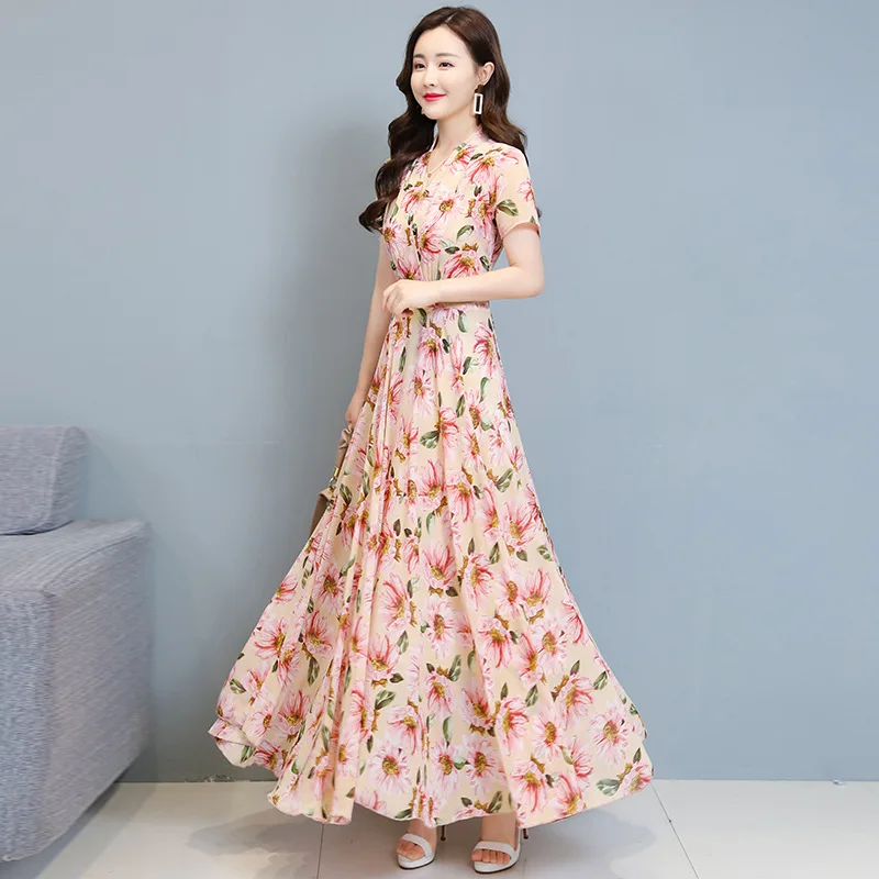 

Dress women's summer 2021 new Korean printing big swing waist slim temperament chiffon floral long beach skirt