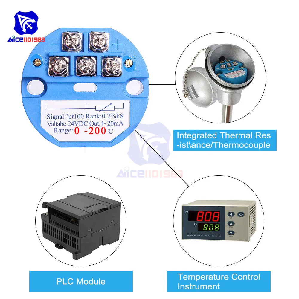 Diymore PT100 датчик температуры передатчик 0 200 ℃ DC 24V 4 20mA для интегрированного модуля