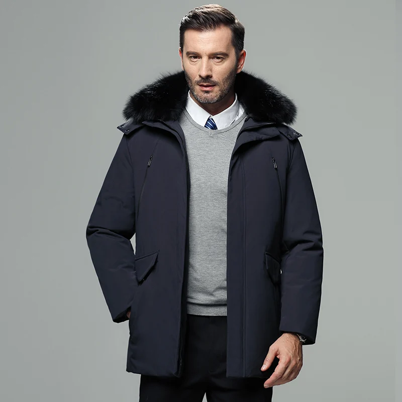 Blue Мужская куртка на гусином пуху, зимняя мужская куртка с воротником из натурального Лисьего меха, сохраняющая тепло, верхняя одежда с капюшоном размера плюс 4XL, зимние пальто, мужская одежда - Color: Blue