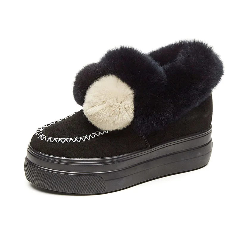 

Winter Furry Shoes Leather Women's Shoes Thick-Soled Sweet And Exquisite All-Match Peas Shoes Non-Slip Thick Warm Snow Boots