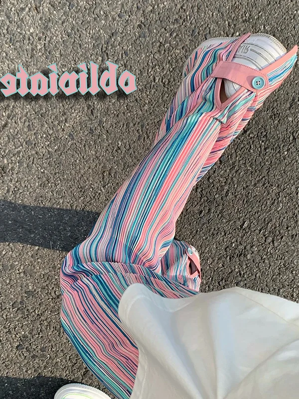 

Rainbow Tie-dyed Chiffon Trousers Loose Casual High Waist Straight Wide Leg Pants for Women 2021 Summer Fashion Clothing