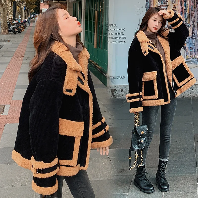 

Stand-up Collar Lamb Wool Stitching Corduroy Jacket Women Winter 2021 New Style Korean Loose Thick Short Cotton-padded Jacket