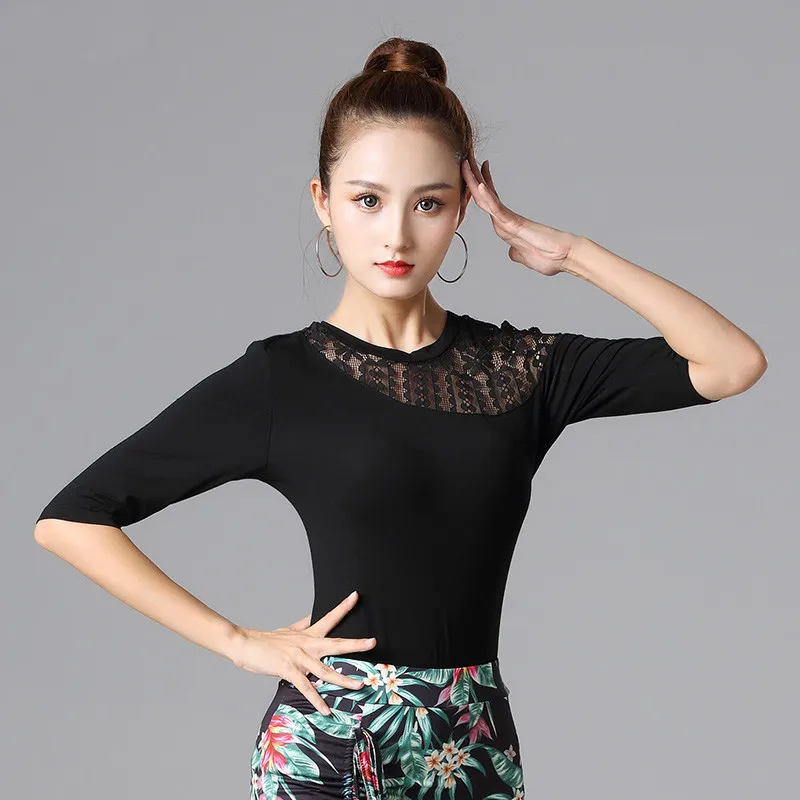 

H2629 Lady Latin Dance Top Clothing Women Middle Sleeve Round Neck Lace Costumes National Standard Ballroom Dance Practice Wear