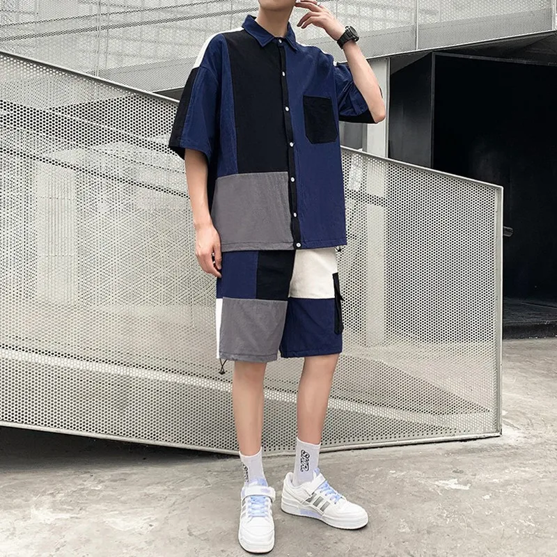 

Summer new men's casual shirt sports suit loose large size color matching cotton short-sleeved shirt shorts two-piece suit
