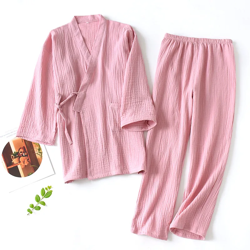 

Navy Pink 100%Cotton Pijama Women Homewear 3/4 sleeve Kimono Pant Casual Sleepwear Shirts Robe Pajama Men Robes Pajamas Set
