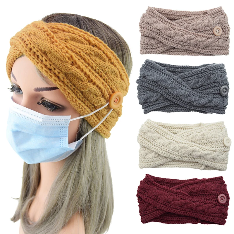 

Knitted Headband For Women Woolen Button Ear Warmer Solid Color Twist Cross Hairband Elastic Hair Bands Girls Hair Accessories