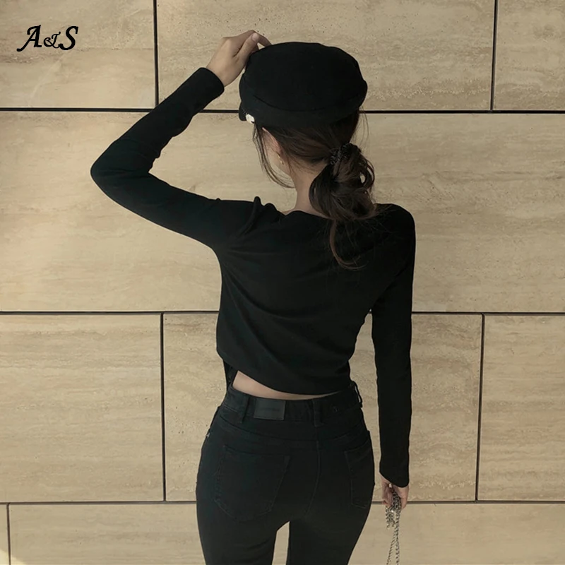 Женская футболка с узлом и V образным вырезом длинным рукавом|Футболки| |