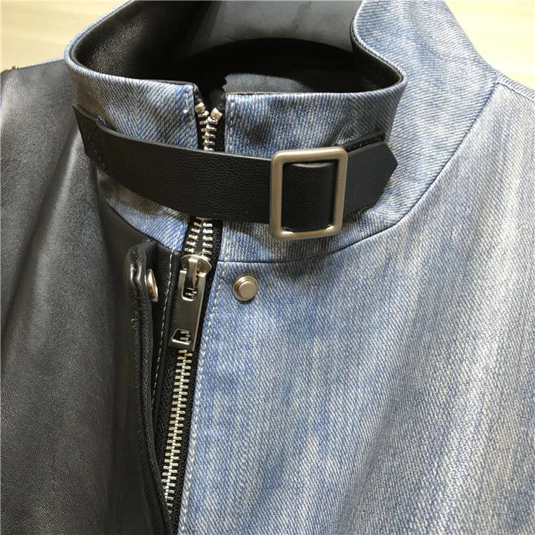 Europe Style Women Autumn Denim color patchwork leather jackets High quality pockets Genuine leather women coat C504