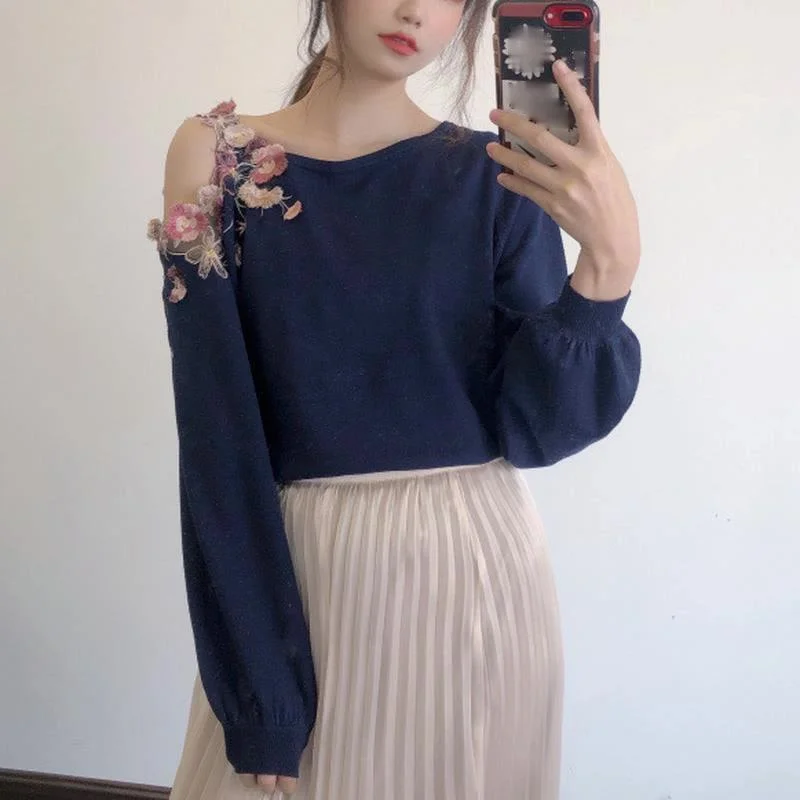 

Long Sleeve Shoulder Strapless Slash Neck Knit Sweater Women Pullover Vintage Embroidery Pull Femme Sexy Loose Sueter Spring