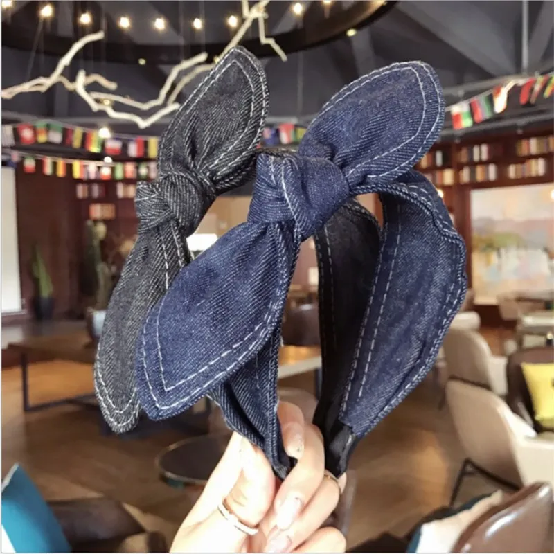 

New Hair Accessories Women Denim Bow Headbands Side Rabbit Ears Knotted Headband Wild Girl Cute Face Wash Hair Band Headwear