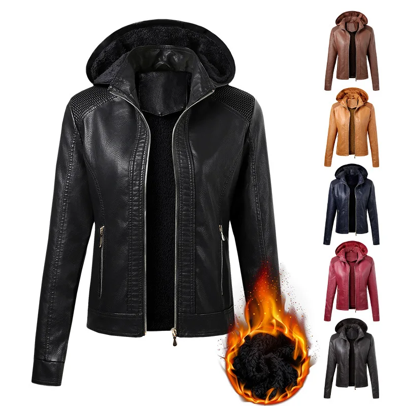 

2021 women jacket removable hoodie Pu Women’s leather jacket