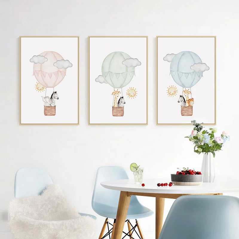 

Small Animal Hot Air Balloon Lift Off Travel Cartoon Poster and Print Nursery Wall Art Canvas Painting Picture Kids Room Decor