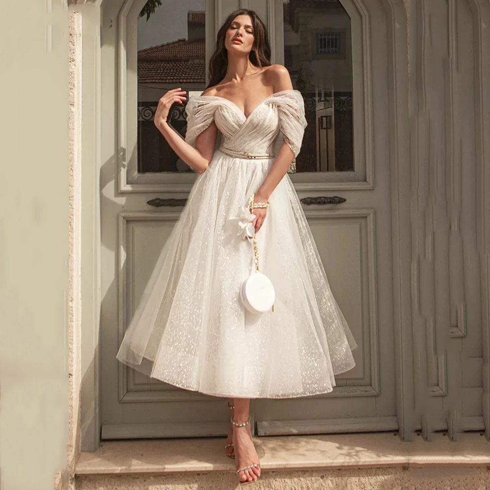 

Ivory Shiny Tulle Short Prom Dresses 2021 Off the Shoulder Tea-Length Pleats A Line Graduation Party Gowns vestidos de fiesta