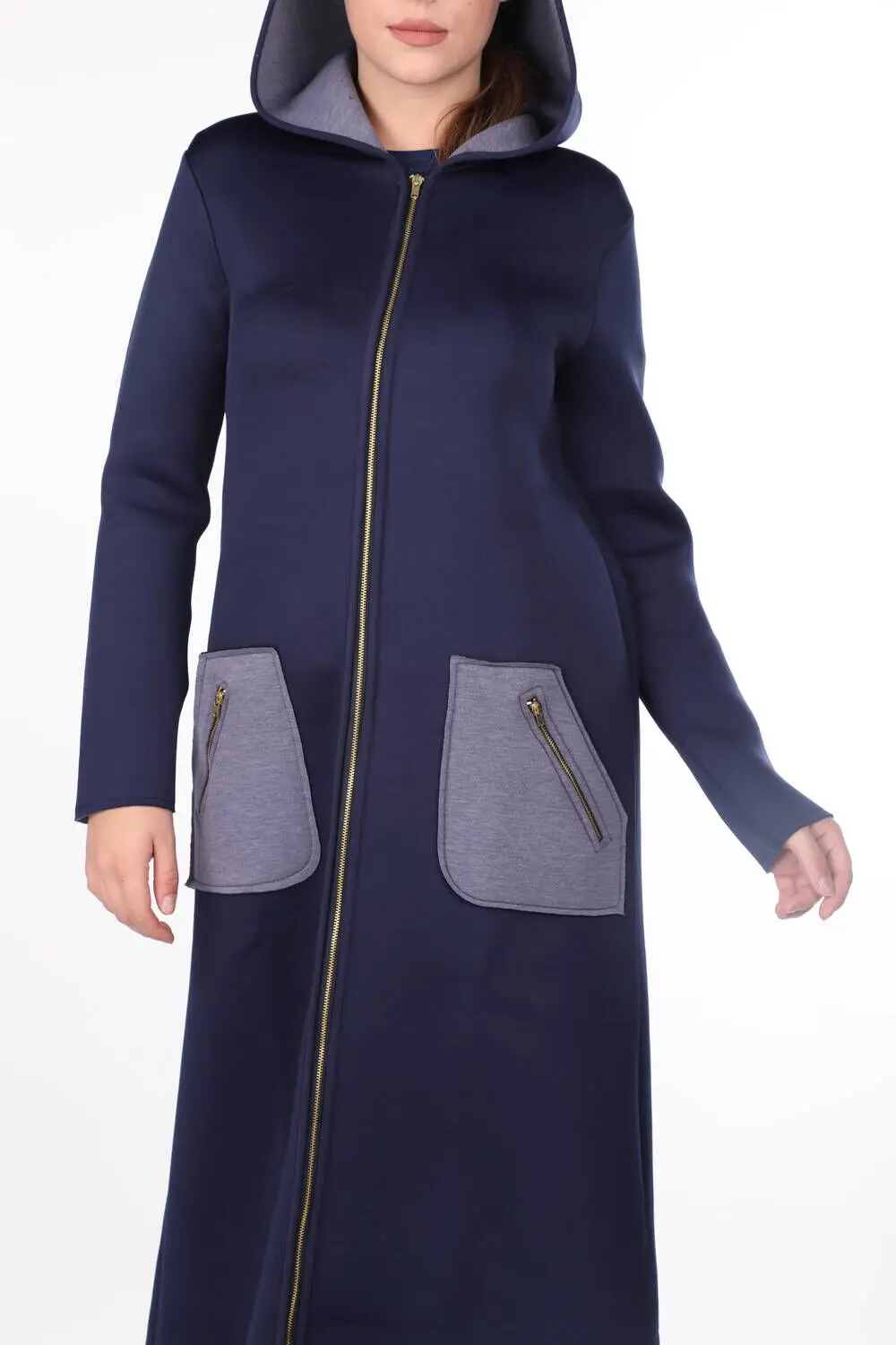 

Lacivert Kaponlu Fermuarl Scuba Uzun Kadn Kap