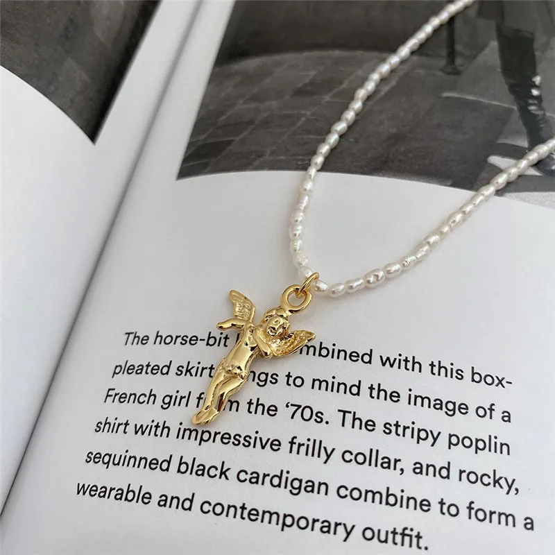 RUIYI Real 925 Sterling Silver Women Fashion 18K Gold Angel Charm Pearl Chain Chokers Girls Stylish Clavicalis Niche Necklaces | Украшения