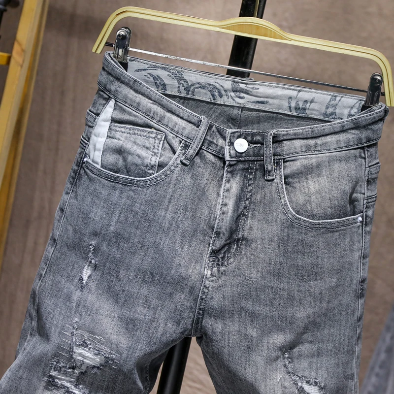 Мужские рваные обтягивающие джинсы серый светильник синий Эластичность Высокая