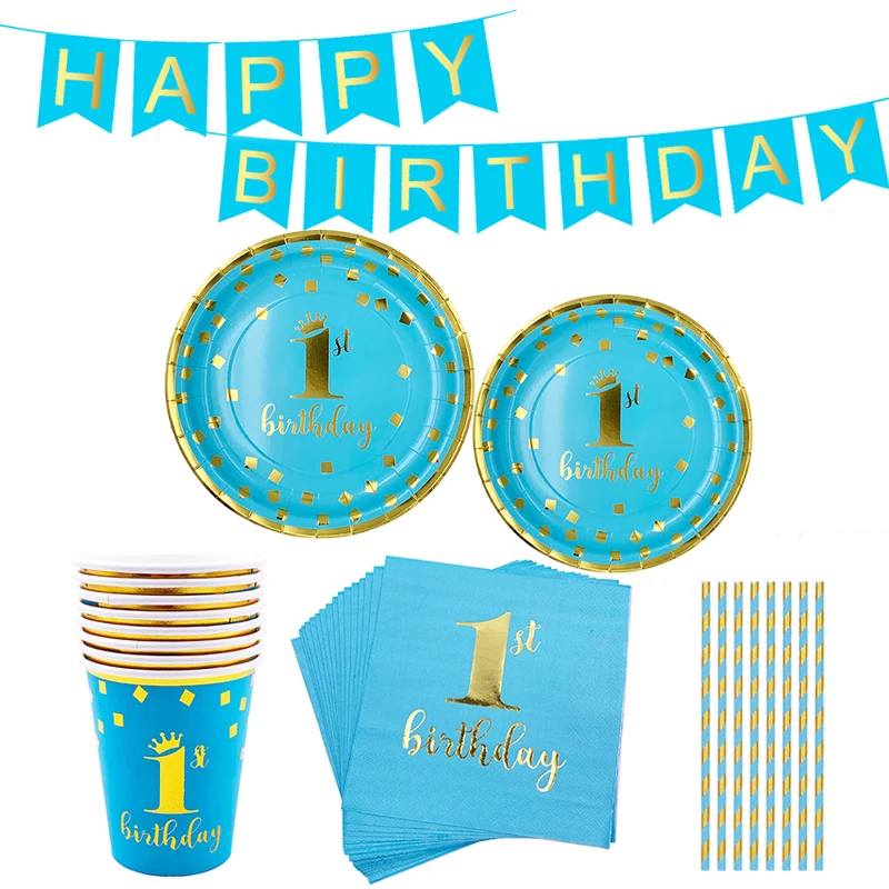 

66pcs/set Happy Birthday Party Disposable Tableware Paper Plate Cup Napkin Straw Banner Baby Shower Kids 1st Birthday Decoration