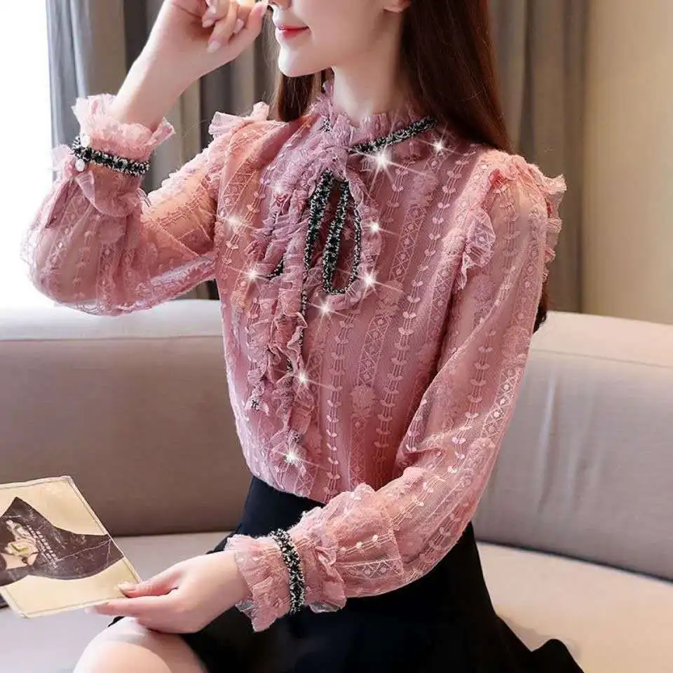 Fashion Vintage Floral Chiffon Shirts Women 2021 New Long Sleeve Button Up Shirt Ladies Top Blouse Ruffles Lace Korean Clothes