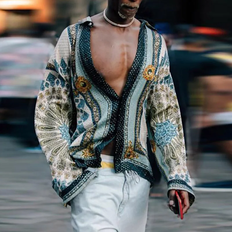 

Летняя Пляжная Мужская Повседневная рубашка с принтом и длинным рукавом, топы в этническом стиле с отложным воротником, на пуговицах, 2021, ул...