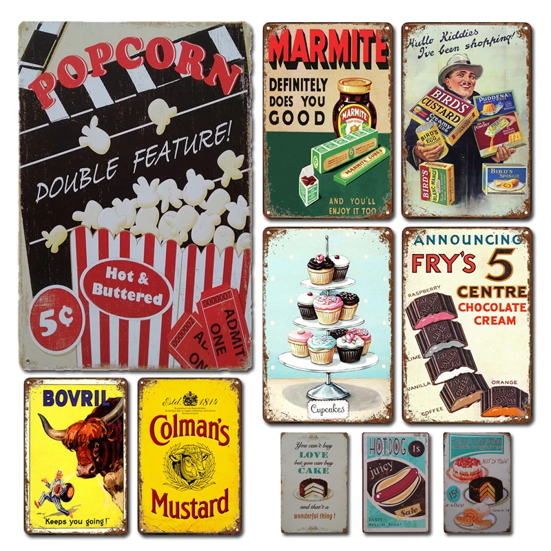 

Shabby Chic Popcorn Metal Poster Tin Sign Vintage Cinema Dining Room Decor Plaques Retro Hot Dog Metal Plate Kitchen Accessories