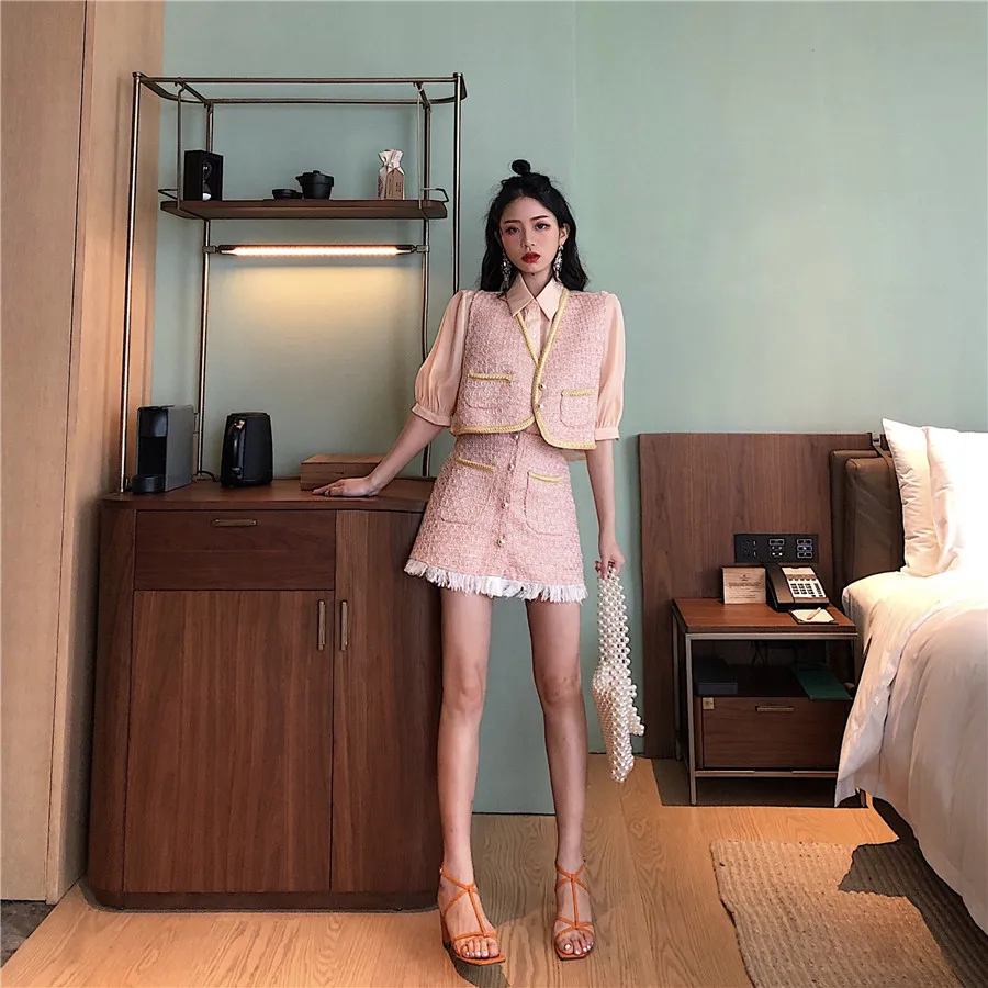 

Summer Clothes For Women Tweed 3 Piece Set Short Sleeve Crop Tops Shorts Skirt Suit Female Elegant Women Suit Vestidos
