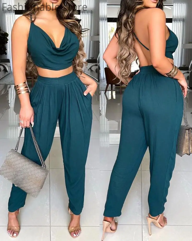 

Women Solid Color V-Neck Criss-Cross Backless Crop Top & Pants Set
