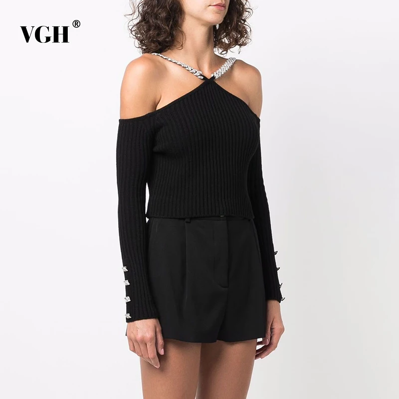 

VGH Patchwork Chain Black T Shirt For Women V Neck Long Sleeve Skinny Solid Minimalist T Shirts Female Fashion Style Clothing