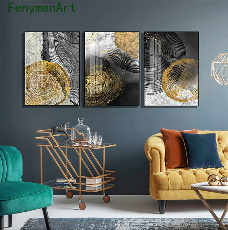 

Abstract Golden Gray Tree Annual Rings Canvas Painting Nordic Minimalist Poster Print Modern Wall Art Picture Room Home Decor
