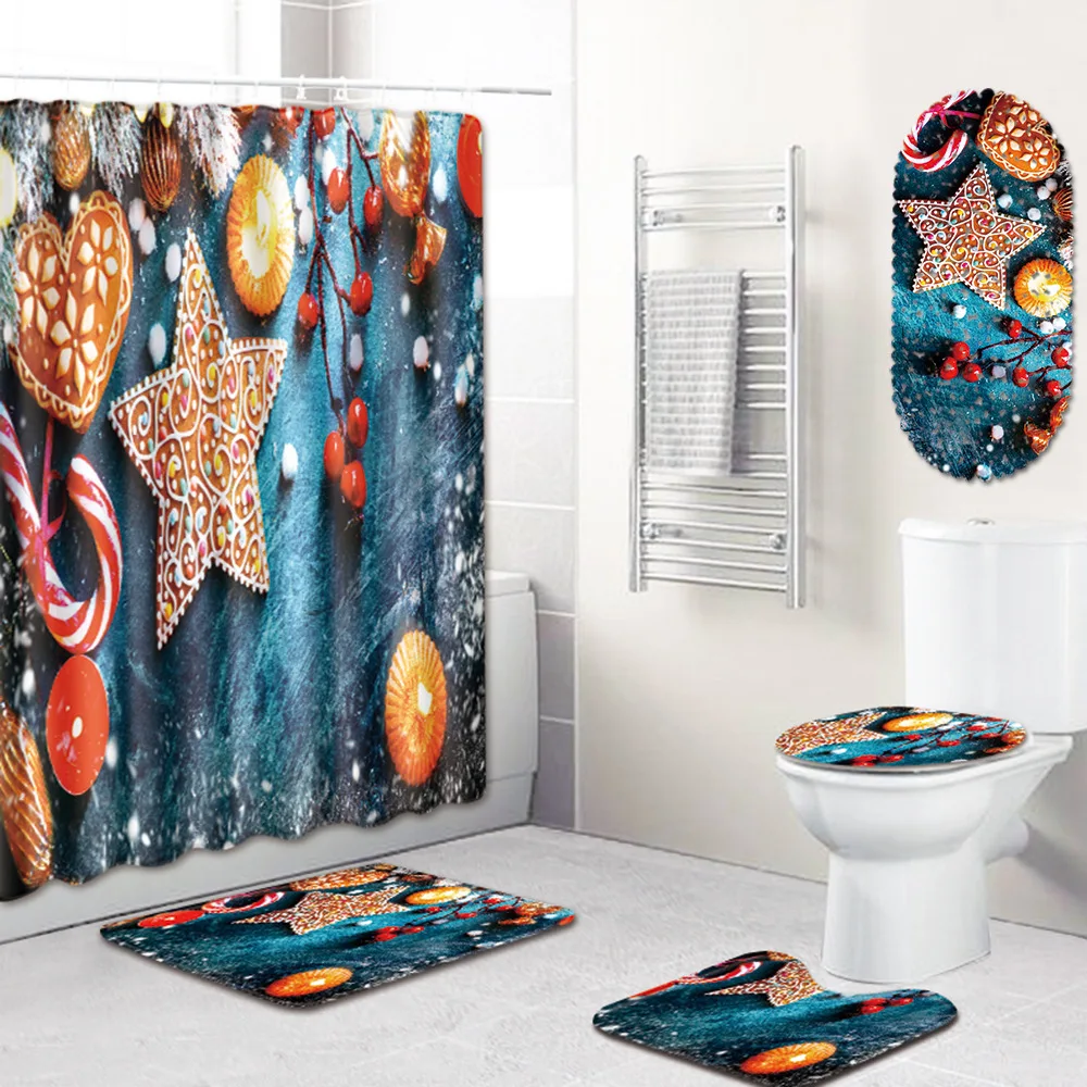 

Christmas Shower Curtain Bathroom Mat Five-Piece Bathroom Toilet Carpet Shower Mat bathroom set with shower curtain christmas