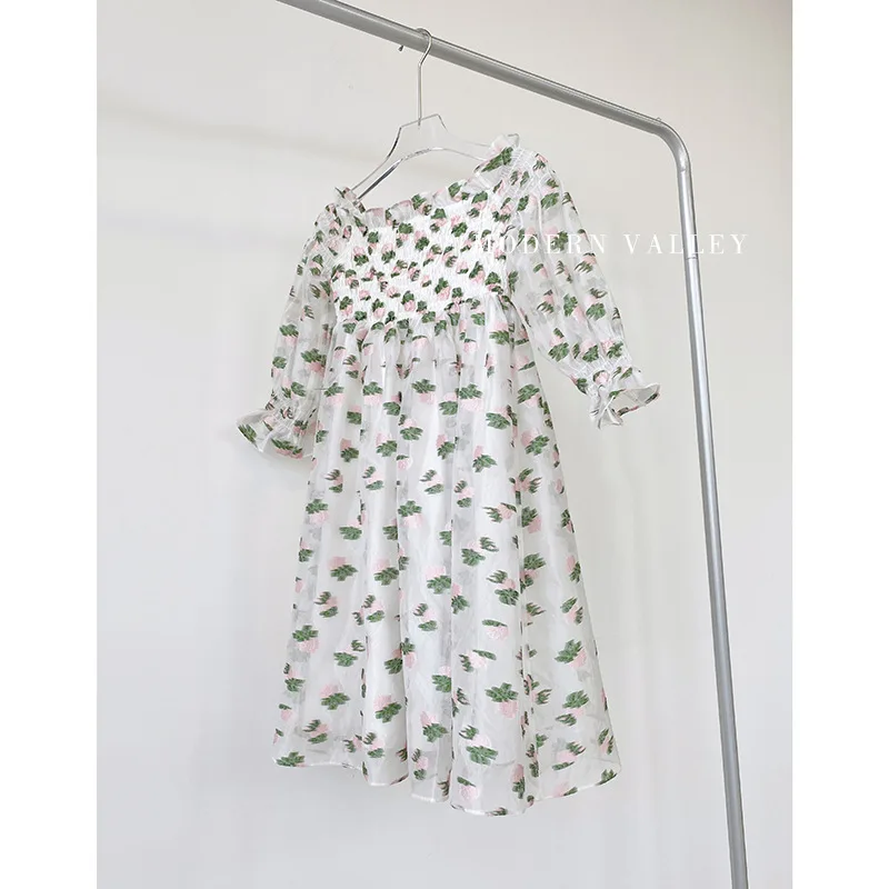 

2021 Spring Summer New Sweet Off Shoulder Ruffle Stitching Wrapped Chest Floral Dress Women Puff Sleeve Holiday Loose Mini Dress