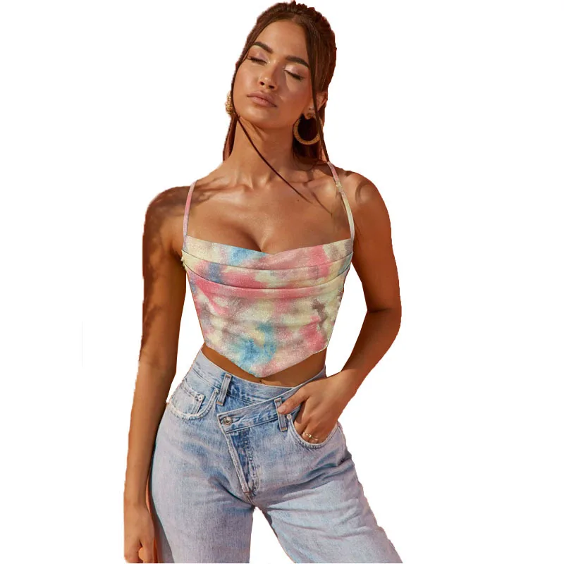 

2021 Tie Dye Glitter Cami Crop Top Sparkle Backless Sexy Pleated Women Fashion Summer Scarf Tops