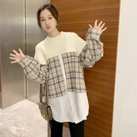 297 autumn winter knitted patchwork plaid maternity blouses sweaters korean fashion loose shirt clothes for pregnant women chic