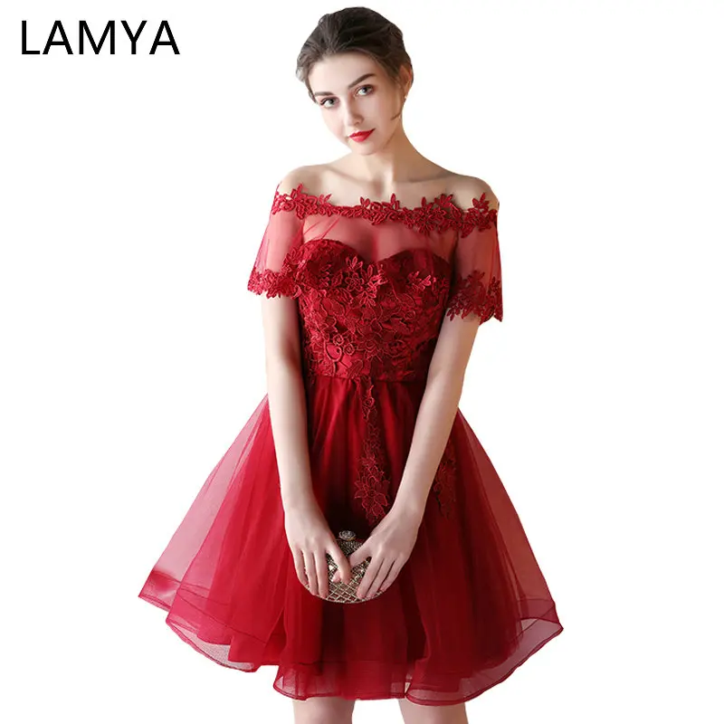 Фото Женское Короткое бальное платье LAMYA винно-Красное Кружевное Платье на шнуровке с