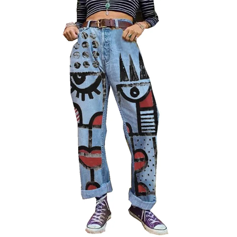 

Abstract Painting Fashion Denim Trousers Women 2021 New Autumn Mid-waist Casual Loose Ladies Straight Jeans s1441