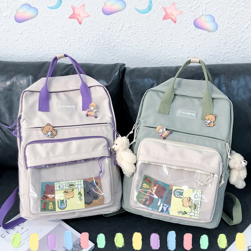 

2021 Candy Color Women Backpack Kankenling Japanese Transparent Kids Teens School Bag Waterproof Rucksack for Girl Travel Bags
