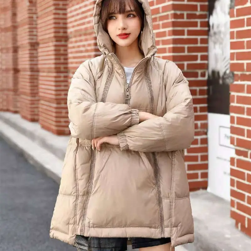 

2021 Women Winter New Zipper Solid Color Outwear Female White Duck Down Jackets Ladies Loose Thicken Warm Hooded Coats T769