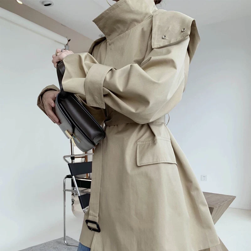 

Autumn and winter women's windbreaker casual solid color belt decoration windbreaker