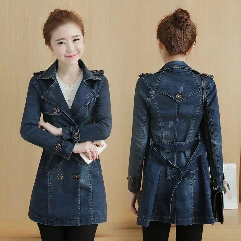 

Women's Windbreaker Mid-Length Autumn 2021 New Long-Sleeved Solid Color Coat Double-Breasted DenimJacket Clothing L114