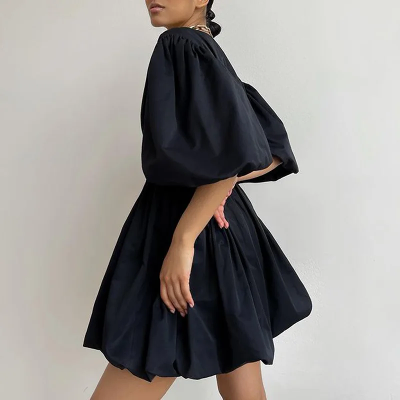 

Fashion V Neck Half Puff Sleeve Dresses Women Elegant Pullover Pleated Mini Summer Dress Women Collected Waisted Dresses Ladies