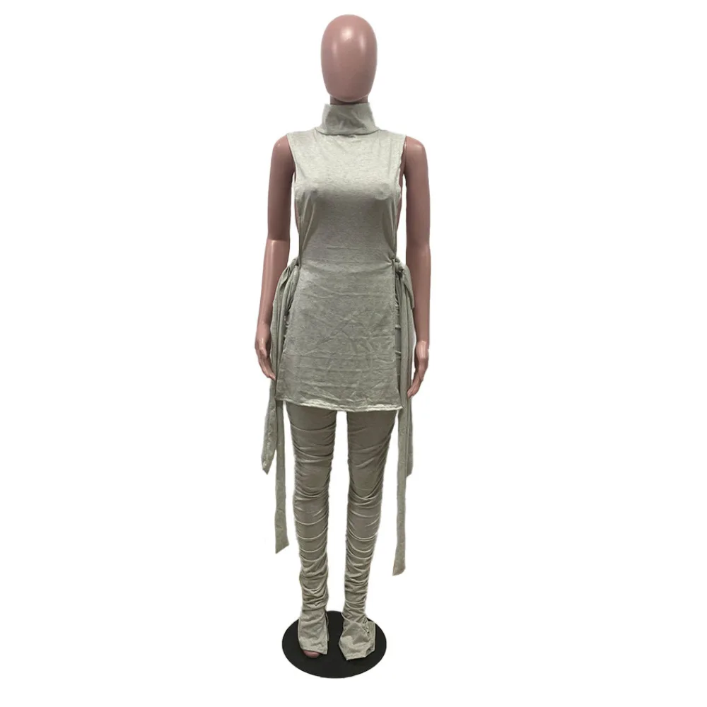 

Solid Stacked Two Piece Sets Women Sportswear Tracksuit Side Hollow Out High Necked Long Tops+ruched Pant Autumn Matching Suits