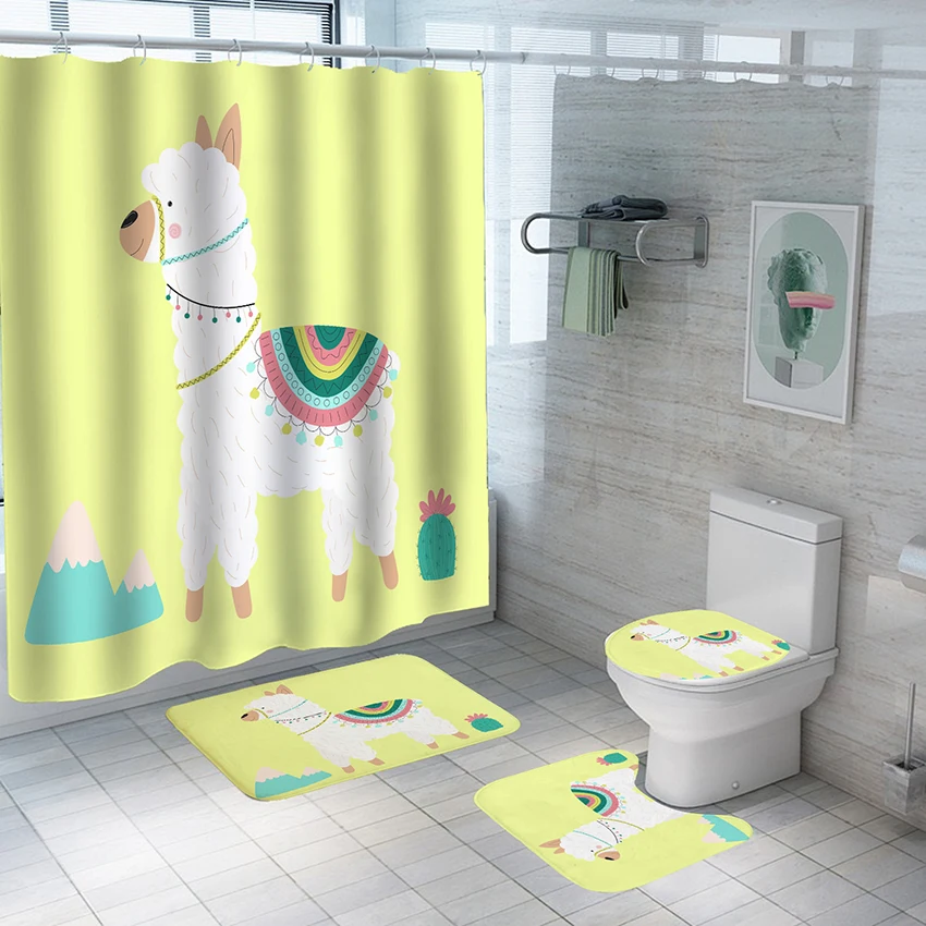 

Занавеска для душа в ванную комнату, 4 шт./комплект, милый мультяшный альпака, нескользящий мягкий коврик, влагостойкий напольный чехол, водо...