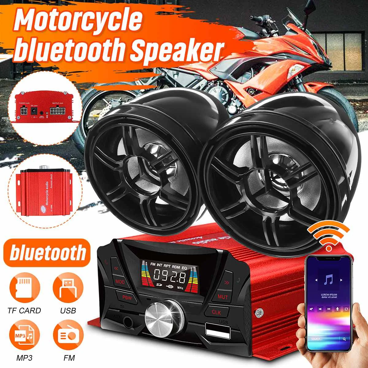 

Bluetooth-магнитола для мотоцикла, скутера, квадроцикла, с поддержкой SD-карт, USB, MP3, FM-радио, 2 усилителя, водонепроницаемые динамики