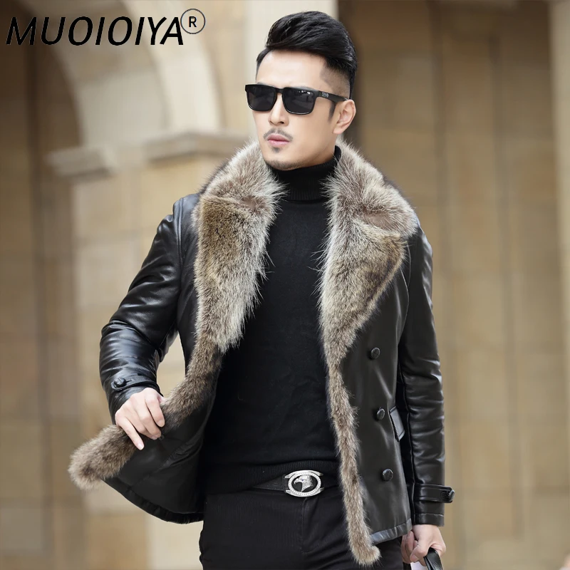 

MUOIOYIA Men's Leather Jacket Short Winter Genuine Leather Sheepskin Coat for men Real Raccoon Fur Collar F-598 KJ1434