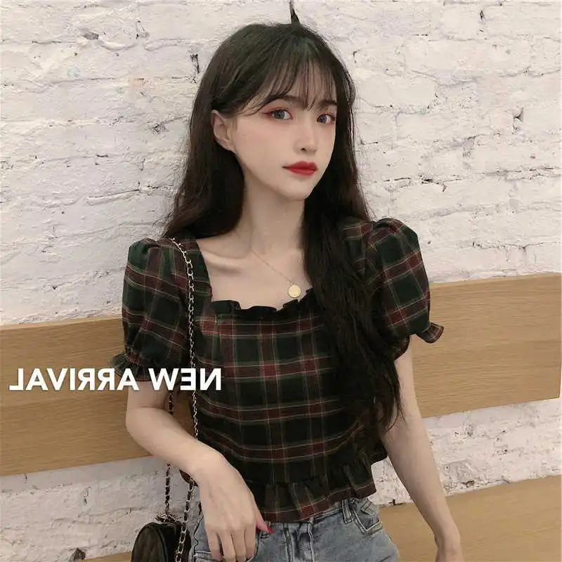 Футболка женская клетчатая с квадратным вырезом и коротким рукавом|Футболки| |