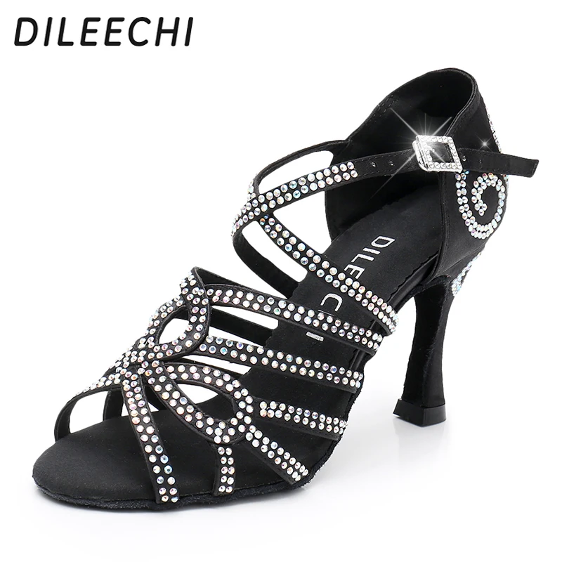 DILEECHI Latin dance shoes Satin Shining double rhinestones women salsa woman Ballroom dancing Shoes Black SKIN | Спорт и
