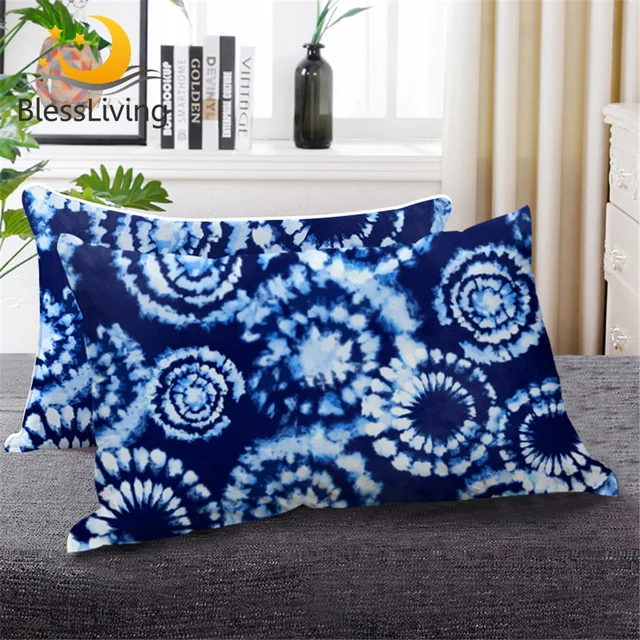 BlessLiving Blue Tie Dye Down Alternative Bed Pillow Watercolor Indigo Bedding Wolf Eye Print Blue and White Sleeping Pillows 1